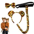 Tiger Kostüm Set mit Haarreife Fliege und Schwanz für Kinder und Erwachsene Party - Runde Ohren (Orange) / Dreiteiliges Set