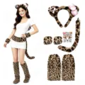 Leopard print costume set with animal ears headband, tail, leg warmers for Halloween party. - Headband Tail Gloves Leg Sleeves And Face Sticker / Five-Piece Set