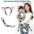 Cow Costume Set Plush Animal Ears Headband Tail Collar Halloween Cosplay Outfit Adults Kids - Two-Piece Set