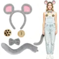 Grey plush mouse costume set including animal ears headband, tail and bow tie for Halloween party. - Grey 5-Piece Set