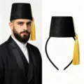 Traditional Turkish Fez Hat with Gold Tassel Cosplay Costume Headwear Accessory for Men Women - Black Hat