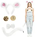 White plush mouse costume set featuring headband, tail, bow tie, and cute accessories for Halloween. - White 5-Piece Set