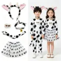 Kids Cow Costume Set Cute Animal Ears Headband Polka Dot Skirt Party Halloween Outfit - Five-Piece Set