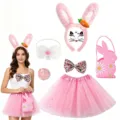 Rosa Osterhase Kostüm Set mit Haarreif Tütü Rock Tasche für Damen Partykleidung neu - Erwachsenen Rock Sechsteiliges Set