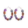 Halloween skull hoop earrings detail, black purple orange bead drops, spooky party jewelry - Multicolor Skull Hoop Style (1)