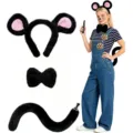 Halloween animal costume set, plush mouse ears headband, bow tie and tail for party dress up. - Black 3-Piece Set