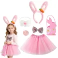 Kinder Osterhase Kostüm Set Rosa Tutu Rock Hasenohren Haarreif Schönes Party Verkleidung - Kinder 6-Teiliges Set