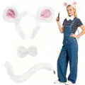 White plush mouse ears headband, bow tie and tail costume set for adult and kids party. - White Three-Piece Set (Nurse Style)