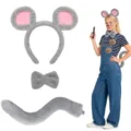 Grey mouse costume set with fluffy ears headband, bow tie, and tail for party and cosplay. - Grey 3-Piece Set