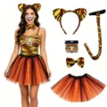Halloween Tiger Kostüm Set Damen Tier Cosplay Kleid Haarreif Tüllrock Schwanz! - Spitze Ohren (Orange) / 5er Set Erwachsene