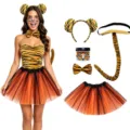 Halloween Tiger Kostüm Set mit Haarreif Tütü Rock Schwanz Fliege für Damen Party Cosplay - Runde Ohren (Gelb) / 5er Set Erwachsene