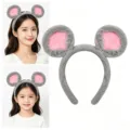 Grey plush mouse ear headband with pink inner design, soft cute furry hair hoop for kids adults. - Grey Headband