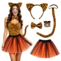 Tiger Kostüm Set mit Haarreif, Fliege, Schwanz und Tütü Rock für Halloween Verkleidung. - Spitze Ohren (Gelb) / 5er Set Erwachsene