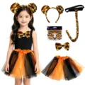 Kinder Halloween Tiger Kostüm Set mit Tierohren Haarreif, Fliege, Tütü Rock und Aufklebern. - Runde Ohren (Orange) / 5er Set Kinder