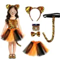 Kinder Tiger Kostüm Set mit Haarreif Tüllrock Fliege Schwanz für Halloween Party Karneval. - Spitze Ohren (Orange) / 5er Set Kinder