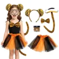 Tiger Kostüm Set für Kinder mit Haarreif, Tütü Rock, Schwanz, Fliege und Gesichtsticker. - Runde Ohren (Gelb) / 5er Set Kinder