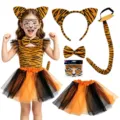 Kinder Tiger Kostüm Set mit Haarreif Fliege Schwanz Tütü Rock und Gesichtsaufkleber. - Spitze Ohren (Gelb) / 5er Set Kinder