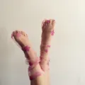 Pink sheer mesh glitter star slouch socks detail view, trendy Korean fashion hosiery. - One Size / Pink