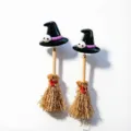 Pendientes de escoba de bruja de Halloween con sombrero negro y calavera para fiesta. - Sombrero Bruja Negro Pendiente / Negro