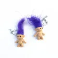 Cute quirky troll doll earrings with purple hair, retro vintage exaggerated clip-on earrings. - Purple Ear Clip