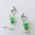 Creative fruit tea miniature resin screw-on clip earrings funny summer drink jewelry for women - Green Lemon Cup Ear Clip Style