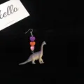 Long quirky dinosaur earrings with colorful heart beads, fun drop earrings for women and girls. - Brachiosaurus / Single Piece