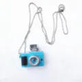 Vintage mini camera pendant necklace with ball chain, retro hip-hop fashion toy accessory. - Blue Camera