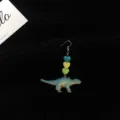 Novelty cute dinosaur long earrings with colorful heart beads, fun quirky dangle ear jewelry. - Saichania / Single Piece