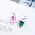 Cute handmade asymmetric checklist and pencil earrings for students quirky playful jewelry gift - Hook Style / Pink