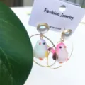 Cute cartoon bird stud earrings with pearl and gold hoop design, sweet style fashion jewelry. - Stud Earrings / Purple Wine Red