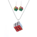 Detailed close-up shot of colorful Rubik's cube pendant necklace and matching fashion earrings. - Set