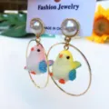 Cute cartoon fat bird pearl drop earrings for women, sweet animal jewelry gift for girls. - Stud Earrings / Pink and Yellow
