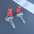 Cute resin bear and glitter key acrylic drop earrings sweet style jewelry for women - Stud Earrings / Burgundy