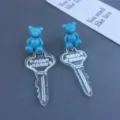 Cute blue bear acrylic key dangle earrings sweet long drop ear accessories for women - Stud Earrings / Blue