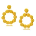 Exquisite yellow raffia woven round statement earrings, perfect for summer beach vacation style. - Yellow