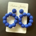 Blue rafia straw woven statement circle earrings for women summer beach vacation style. - Sapphire Blue