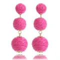 Handgemaakte roze rafia bal oorbellen lange zomer strand stijl bungelende oorbellen - Wijnrood