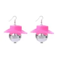 Close-up detail of 70s disco pink cowboy hat and shiny silver ball earrings for party. - Glossy Hook Earrings