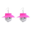 Pink cowboy hat disco ball earrings, 70s retro party punk dangle earrings for women. - Mirror Short Hook Earrings