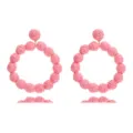 Pink Woven Straw Ball Hoop Earrings Bohemian Summer Beach Vacation Style Statement Jewelry - Pink