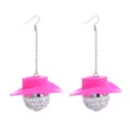 Pink cowboy hat disco ball dangle earrings for women 70s party punk fashion jewelry - Mirror Long Hook Earrings
