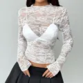 Femme haut dentelle manches longues coupe slim elegante bord volant automne mode chemise - S / Hauts / Blanc