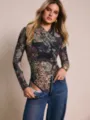 Sexy floral mesh long sleeve bodysuit featuring a stylish cross halter neck and slim fit. - S / Jumpsuits / Multicolor
