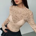 Women sheer lace long sleeve top slim fit lettuce trim casual elegant autumn blouse. - Khaki