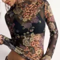 Retro floral leopard mesh long sleeve top, slim fit sheer tee for women stylish wear. - S / Tops / Black