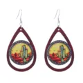 Closeup detail of wooden teardrop earrings featuring a vintage desert cactus sunset print pattern. - Style 10 (E2023-37)