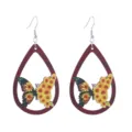 Wooden drop earrings featuring a unique butterfly and sunflower print for women fashion daily wear. - Style 8 (E2023-37)