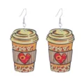 Wooden coffee cup earrings with leopard print and red heart, trendy autumn dangle earrings for women. - Style 3 (E2023-37)