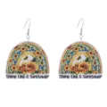 Detailed view of wooden sunflower rainbow dangle earrings with unique printed design. - Style 5 (E2023-37)