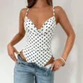 White and black polka dot cowl neck cami bodysuit for women, slim fit sexy clubwear top. - S / Tops / Black White Polka Dot